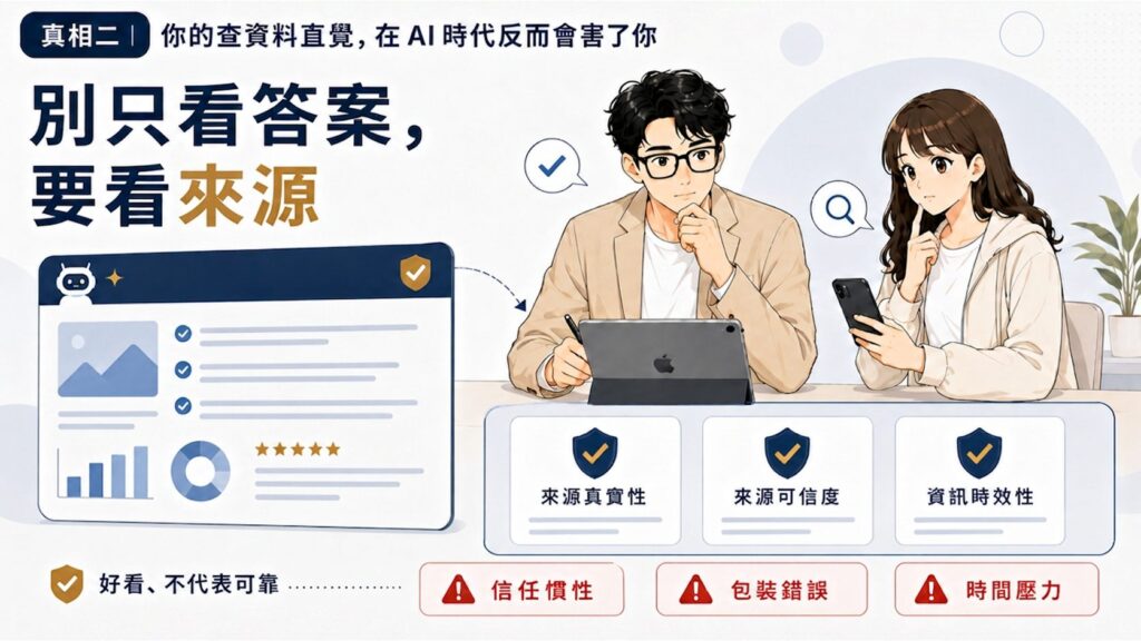 真相一:AI 不是不知道,而是它以為自己知道。圖解流暢不等於真實,說明訓練資料與文字接龍本質