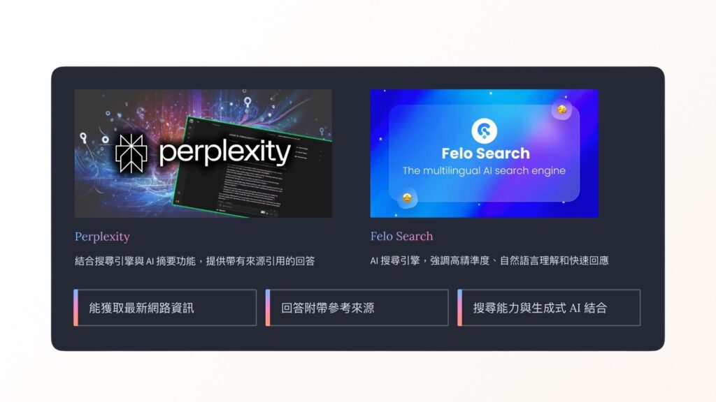 AI 搜尋引擎工具比較,包含 Perplexity 與 Felo Search 的功能優勢特色