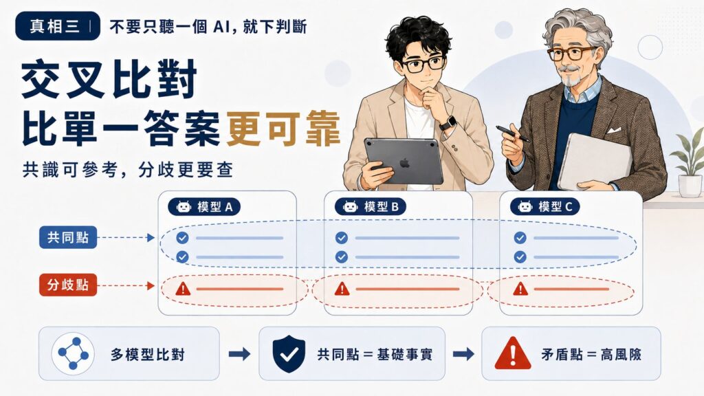 真相三:交叉比對比單一答案更可靠。圖解多模型比對法,找出共同點與分歧點