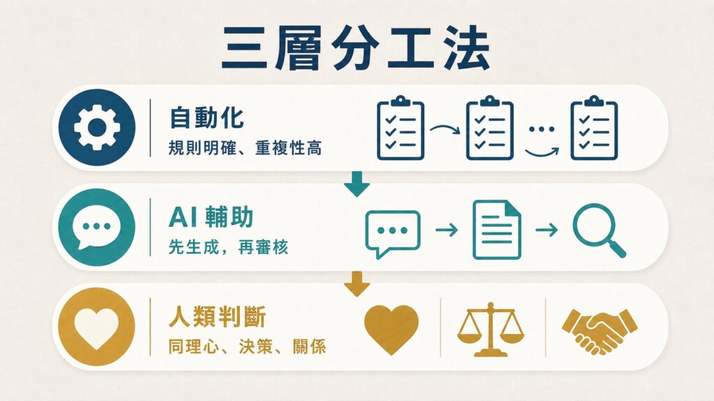 三層分工法架構圖：自動化、AI 輔助與人類判斷的職場協作流程