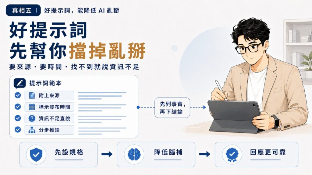 真相五:好提示詞能降低 AI 亂掰。提示詞範本包含要求來源、時間與分步推論