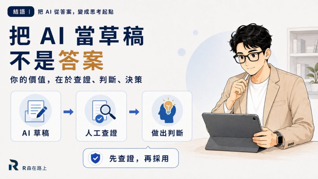 把 AI 當草稿不是答案。流程圖顯示 AI 草稿、人工查核到做出判斷