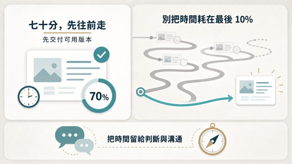 七十分原則與交付可用版本流程圖：避免將時間耗在最後 10% 的微調